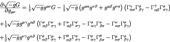begin{displaymath}
begin{array}{l}
{displaystylepartial sqrt{-g}Goverdisp...
...a sigma} Gamma^{sigma}_{beta gamma}
right)
end{array}
end{displaymath}