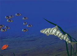 Искусственный подводный мир, созданный в работах группы Деметрия Терзопулоса. Акула и рыбки наделены модельной нервной системой, обучающейся адаптивному поведению в непредсказуемых условиях (фото: www.sciam.ru)