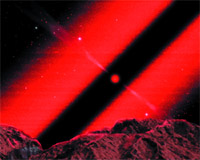 Так может выглядеть ночное небо для наблюдателя, находящегося в ядре галактики NGC 4261, в котором расположен диск из звездной пыли диаметром 800 световых лет и черная дыра массой 1,2 млрд. солнц. Наш гипотетический наблюдатель стоит на планете и смотрит на черную дыру. Яркое-белое свечение газа, окружающего черную дыру, пыль окрашивает в красный цвет. <font class='thesaurus' title='Определение - по щелчку' onclick=show_dic_word('%D0%E0%E7%F3%EC',event)>Разум</font>еется, и планета, и звезды вокруг нее со временем будут поглощены черной дырой.