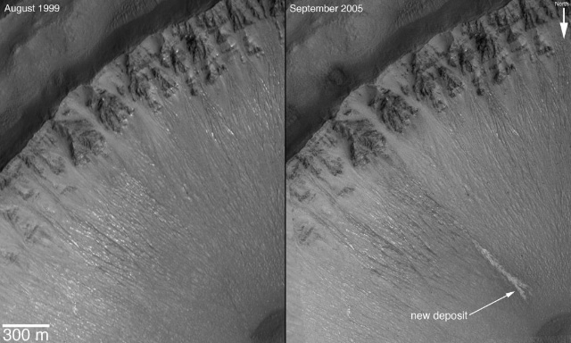 Этот склон одного из кратеров на Марсе был несколько раз сфотографирован американским космическим зондом Mars Global Surveyor. На снимке, полученном в сентябре 2005 года, отчетливо виден свежий след... чего? Внешне он выглядит так, словно оставлен прорвавшимися на поверхность и тут же замерзшими грунтовыми водами. Но является ли это единственно возможным объяснением? © NASA