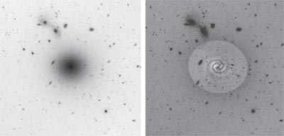 На первый взгляд (слева) эта карликвая галактика (то есть содержащая миллионы, а не миллиарды звезд) кажется эллиптической. Однако тщательная обработка изображения (справа) помогает выявить четкую спиральную структуру. Вот так астроному и приходится постоянно блуждать среди разного рода оптических иллюзий