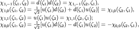 $begin{array}{l} chi_{1,-1}(zeta_1,zeta_2)=d(zeta_1)d(zeta_2)=chi_{1,-1}(zeta_2,zeta_1), chi_{1,0}(zeta_1,zeta_2)=frac{1}{sqrt{2}}[u(zeta_1)d(zeta_2)+d(zeta_1)u(zeta_2)]=chi_{1,0}(zeta_2,zeta_1), chi_{1,1}(zeta_1,zeta_2)=u(zeta_1)u(zeta_2)=chi_{1,1}(zeta_2,zeta_1); chi_{0,0}(zeta_1,zeta_2)=frac{1}{sqrt{2}}[u(zeta_1)d(zeta_2)-d(zeta_1)u(zeta_2)]=-chi_{0,0}(zeta_2,zeta_1), end{array}$