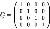begin{displaymath}
delta^{alpha}_{beta}=
left(
begin{array}{cccc}
1& 0& 0&...
...& 1& 0& 0 
0& 0& 1& 0 
0& 0& 0& 1 
end{array}right)
end{displaymath}